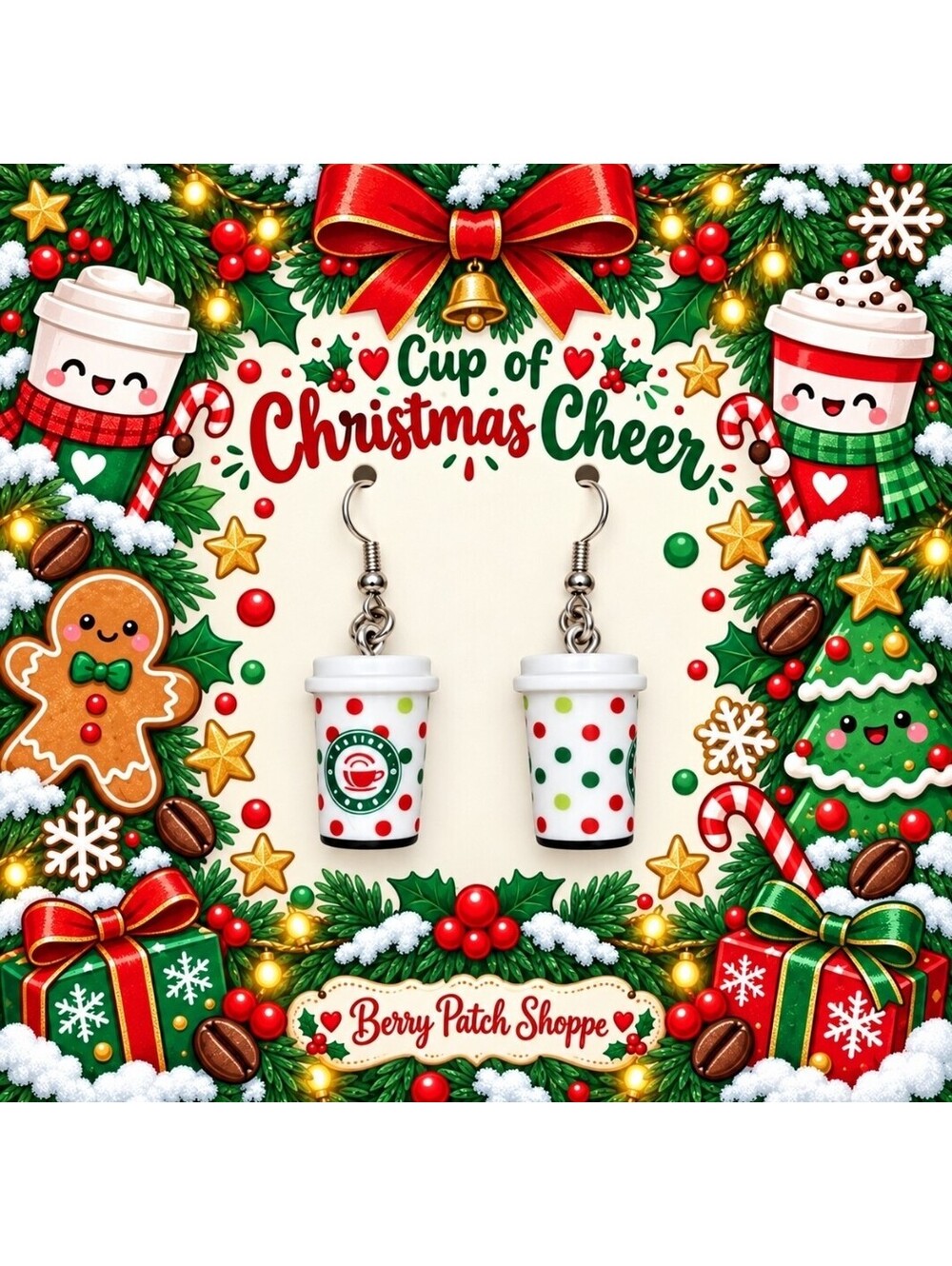 Festive Cup of Christmas Cheer Coffee Cocoa Holiday Earrings